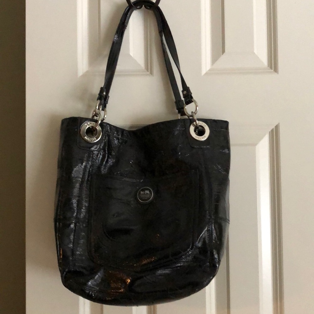 Coach black patent leather bucket purse